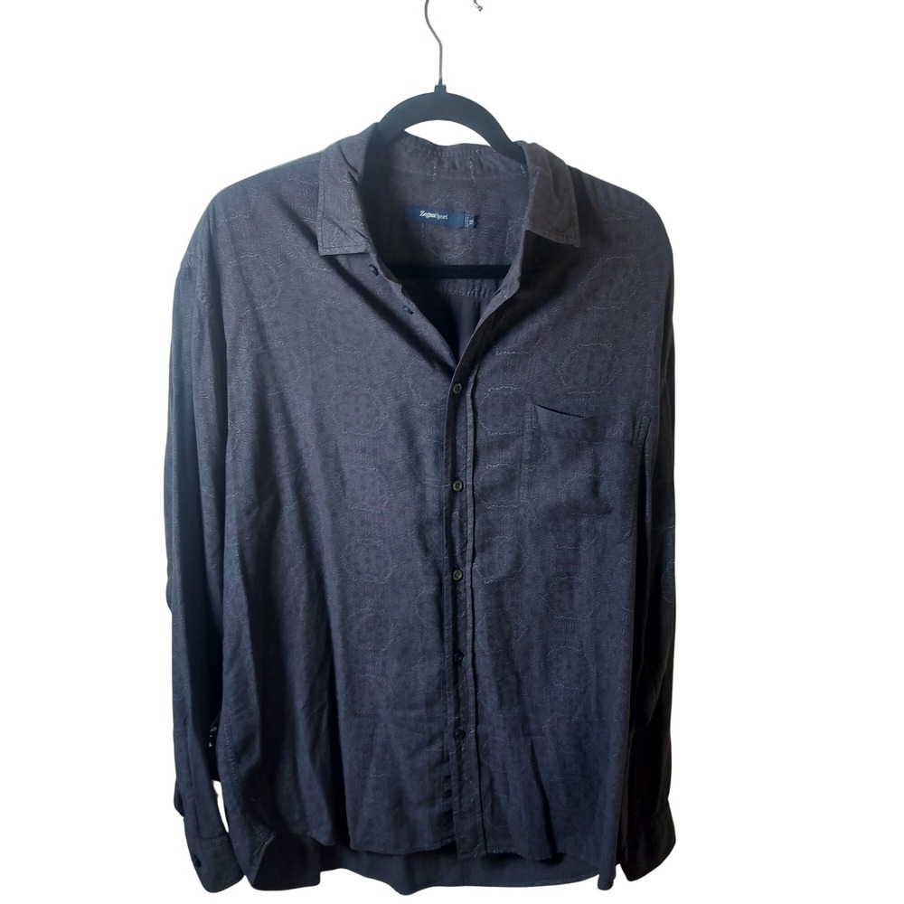 Zegna Sport Mens XL Button Down Shirt‎ Charcoal Grey Tonal Medallion Print L/S